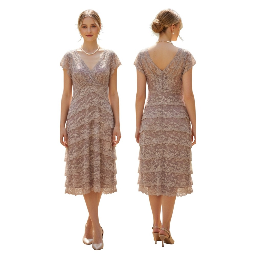 Lace Tiered Midi‎ Dress Taupe Wedding Guest Mother of the Bride/Groom 12 Lined.